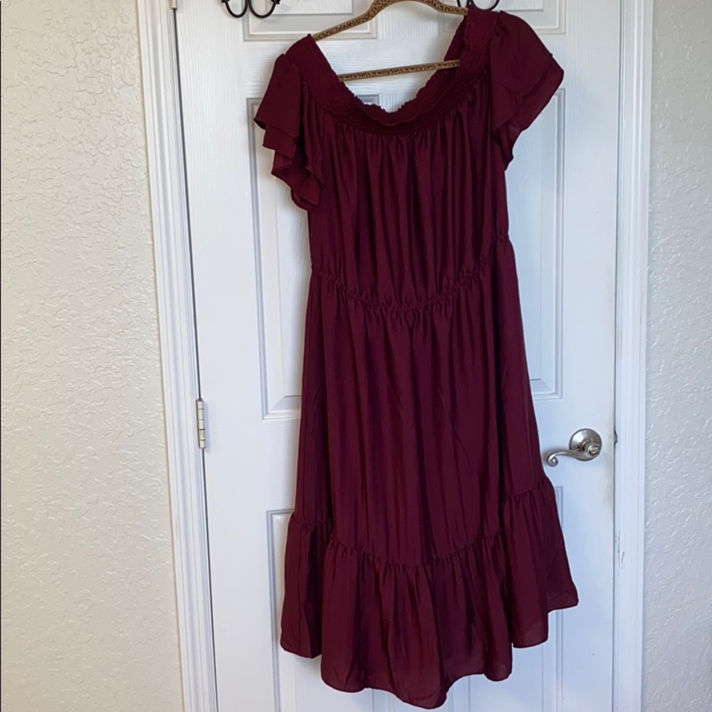Smocked off shoulder midi dress